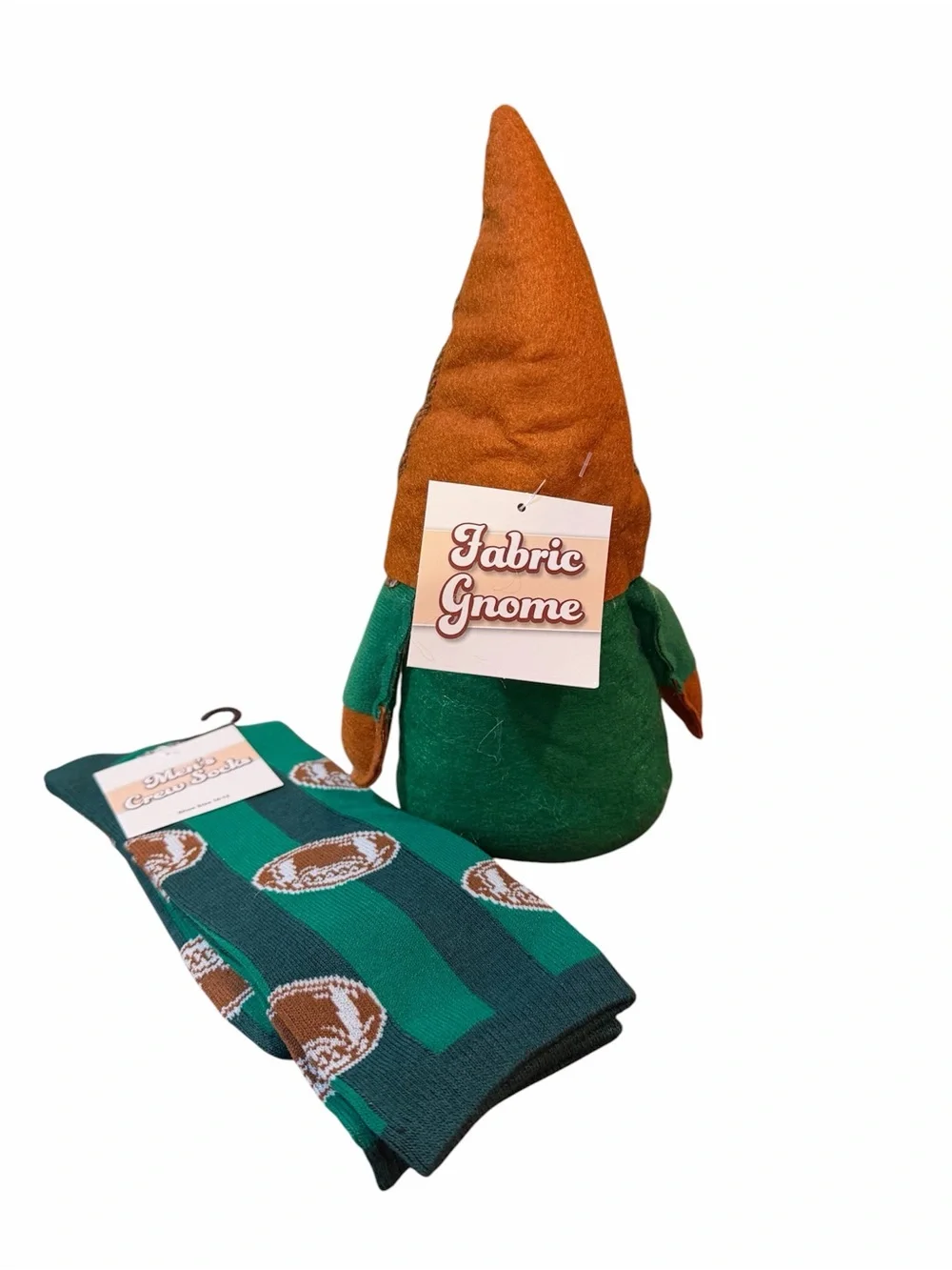 Green & Brown Football-Themed Men’s Socks and Gnome Gift Set. NWT